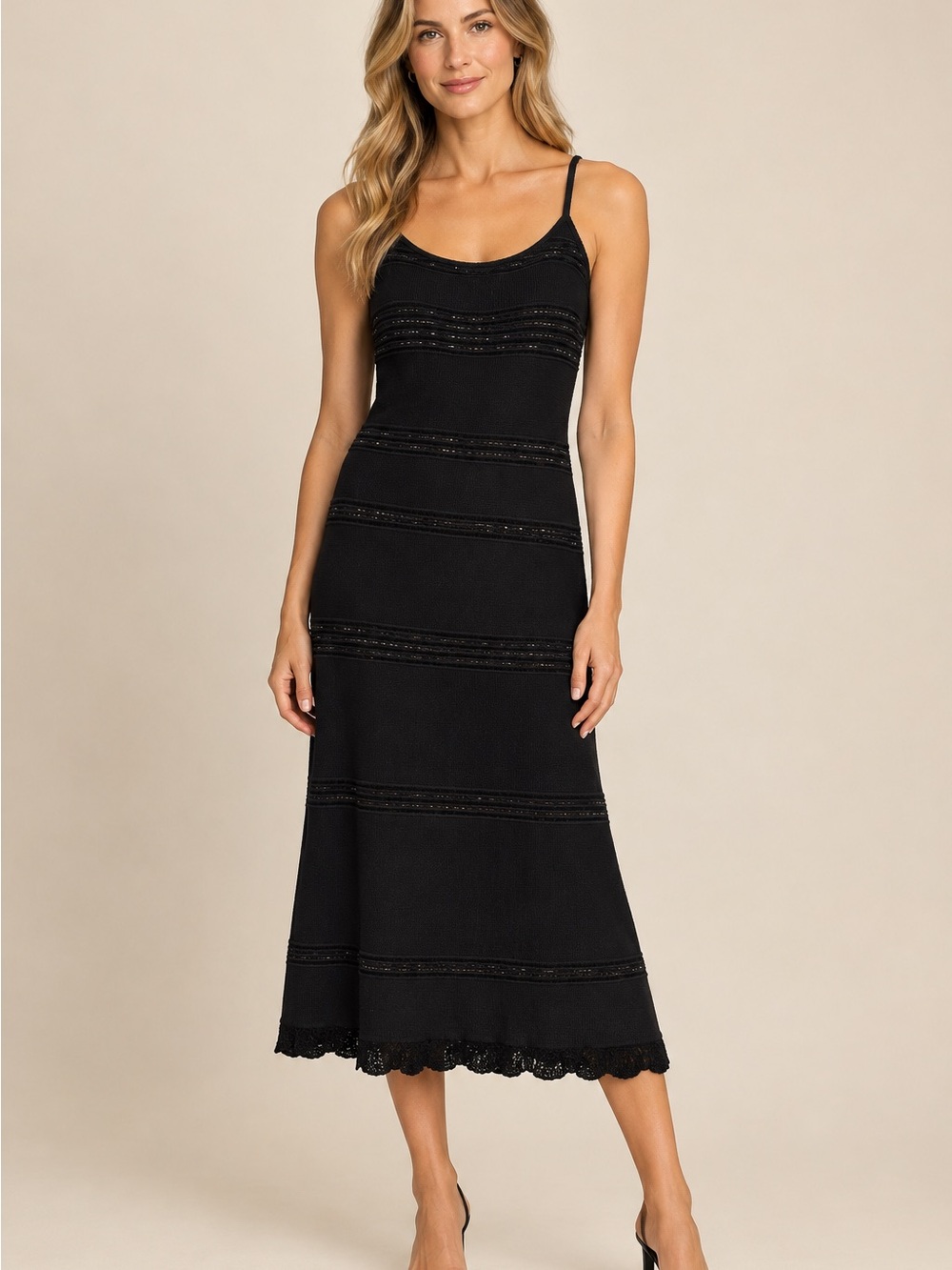 St. John Black Beaded Lace-Trim Midi Slip Dress